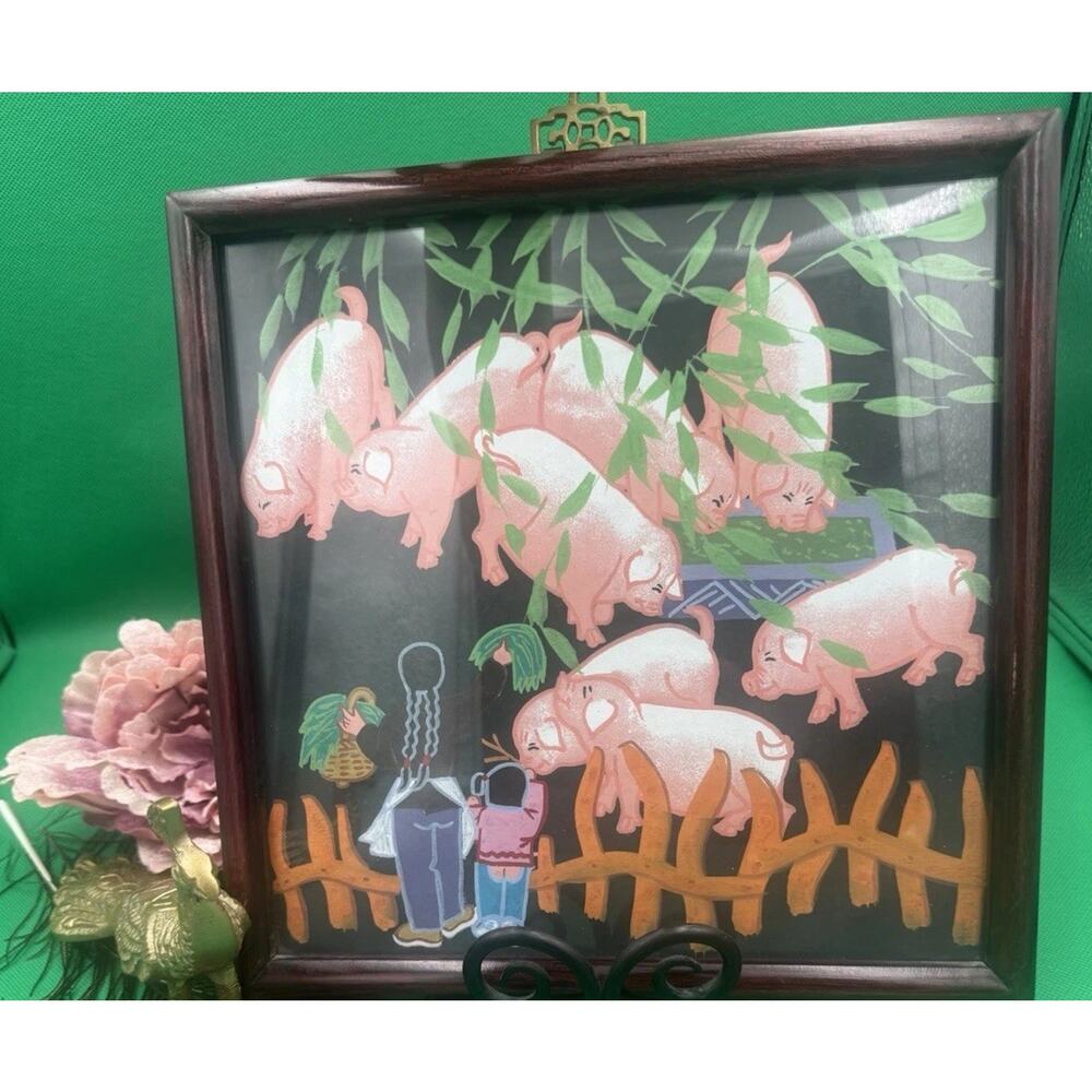 Original Vintage Huxian Peasant Chinese Painting | Folk Art | MCM | Pigs